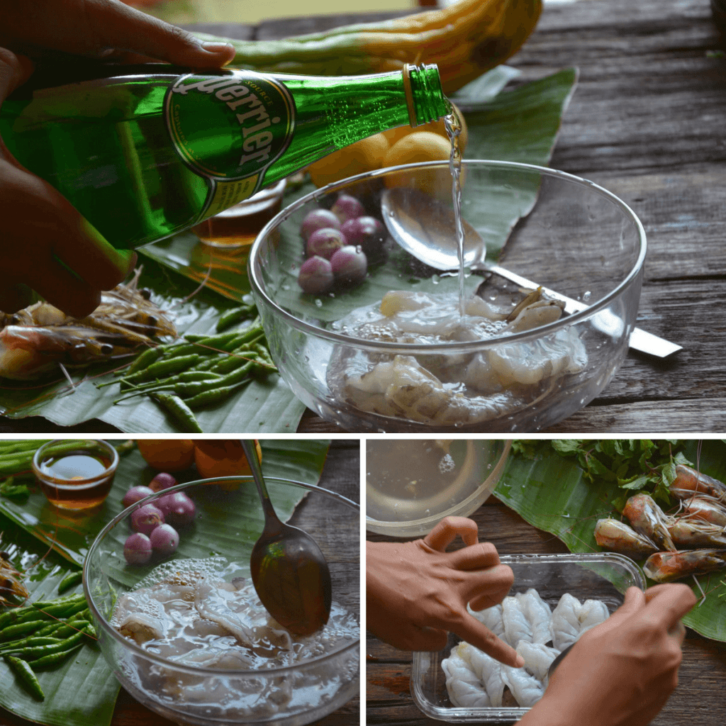 Clean raw shrimp in soda water-min